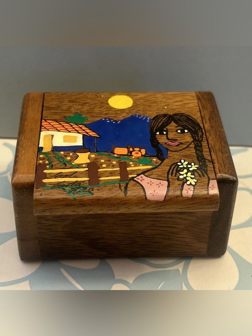 La Palma Wood Nativity Trinket Box Hand Painted Vintage El Salvador Folk Art